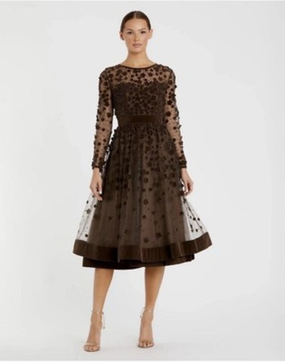 MAC DUGGAL COFFEE Velvet Embellished Illusion Long Sleeve A-Line Midi Dress 16